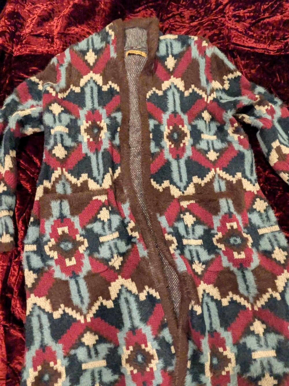 Shyanne Southwestern Aztec Fuzzy Long Cardigan Duster Size L